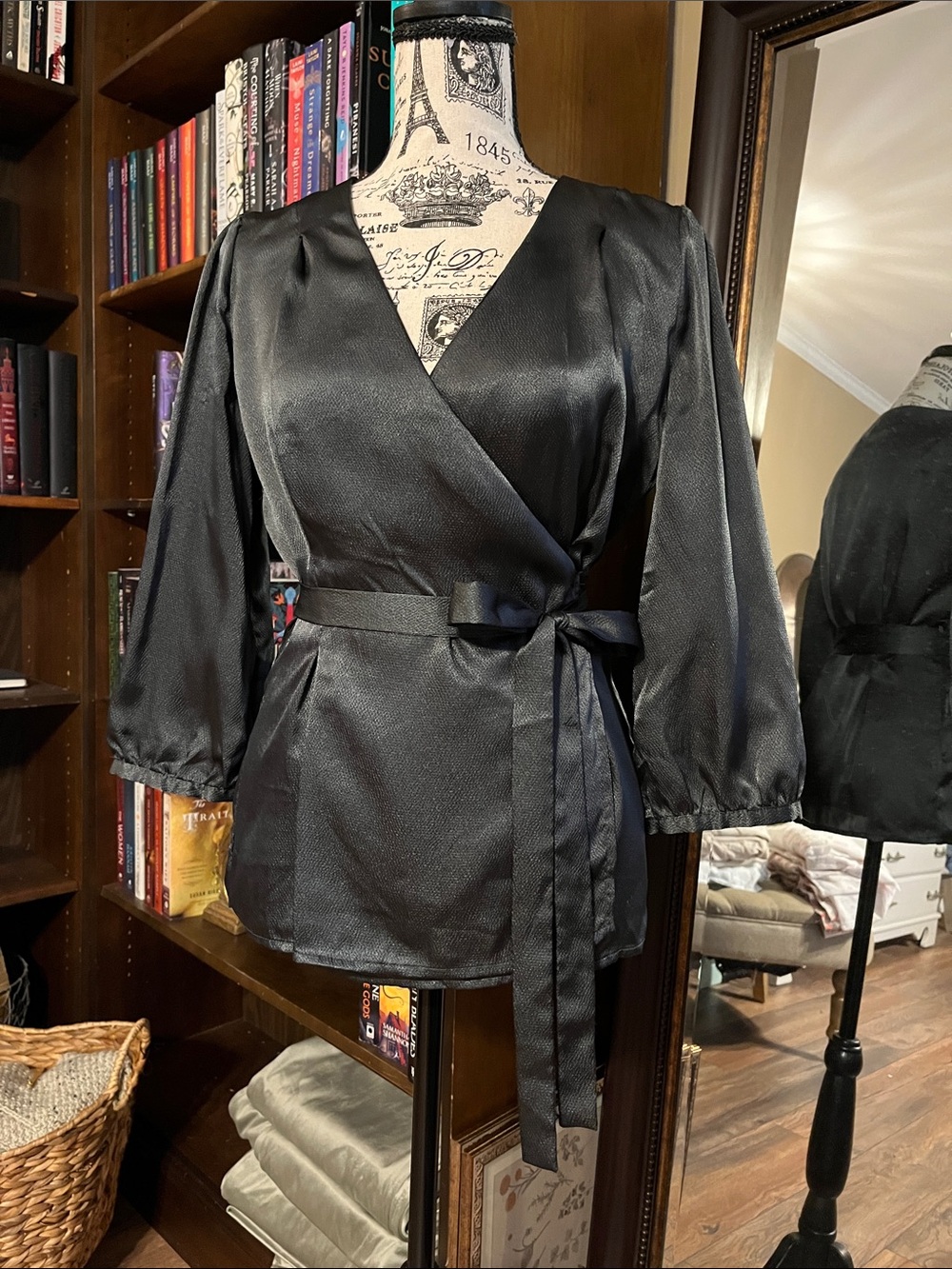 Banana Republic Black Satin Wrap Blouse with Waist Tie